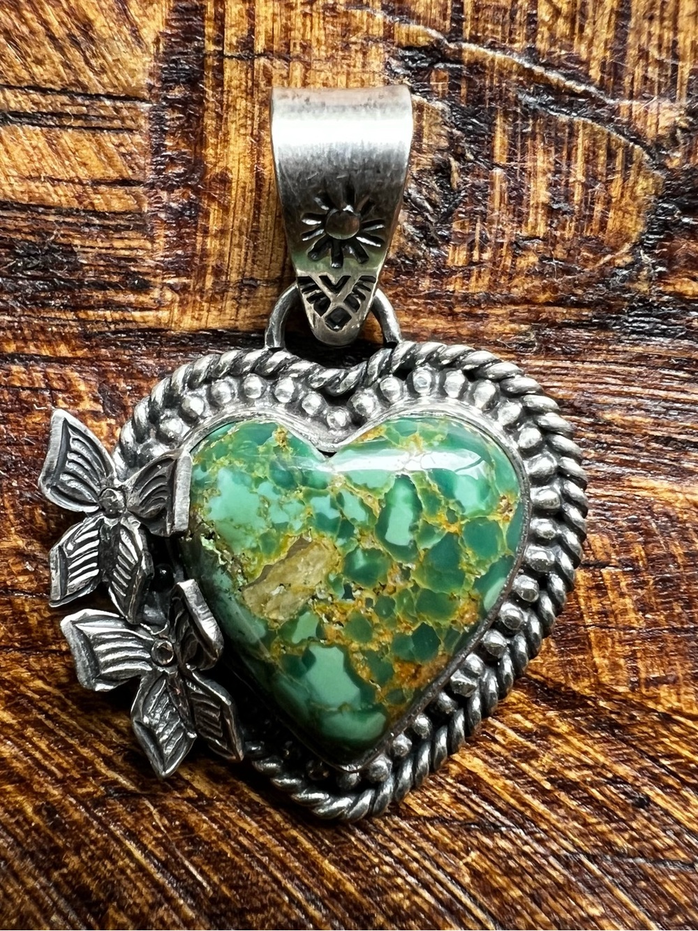 Sterling Silver Green Kingman Turquoise Heart Pendant | Southwestern
